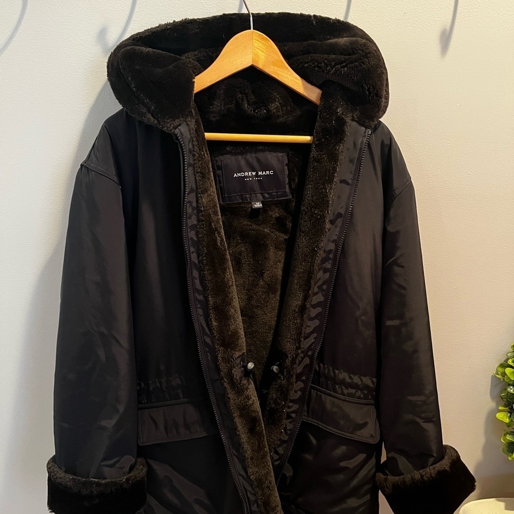 Andrew Marc Dark Brown Hooded Parka with Faux Fur Trim
